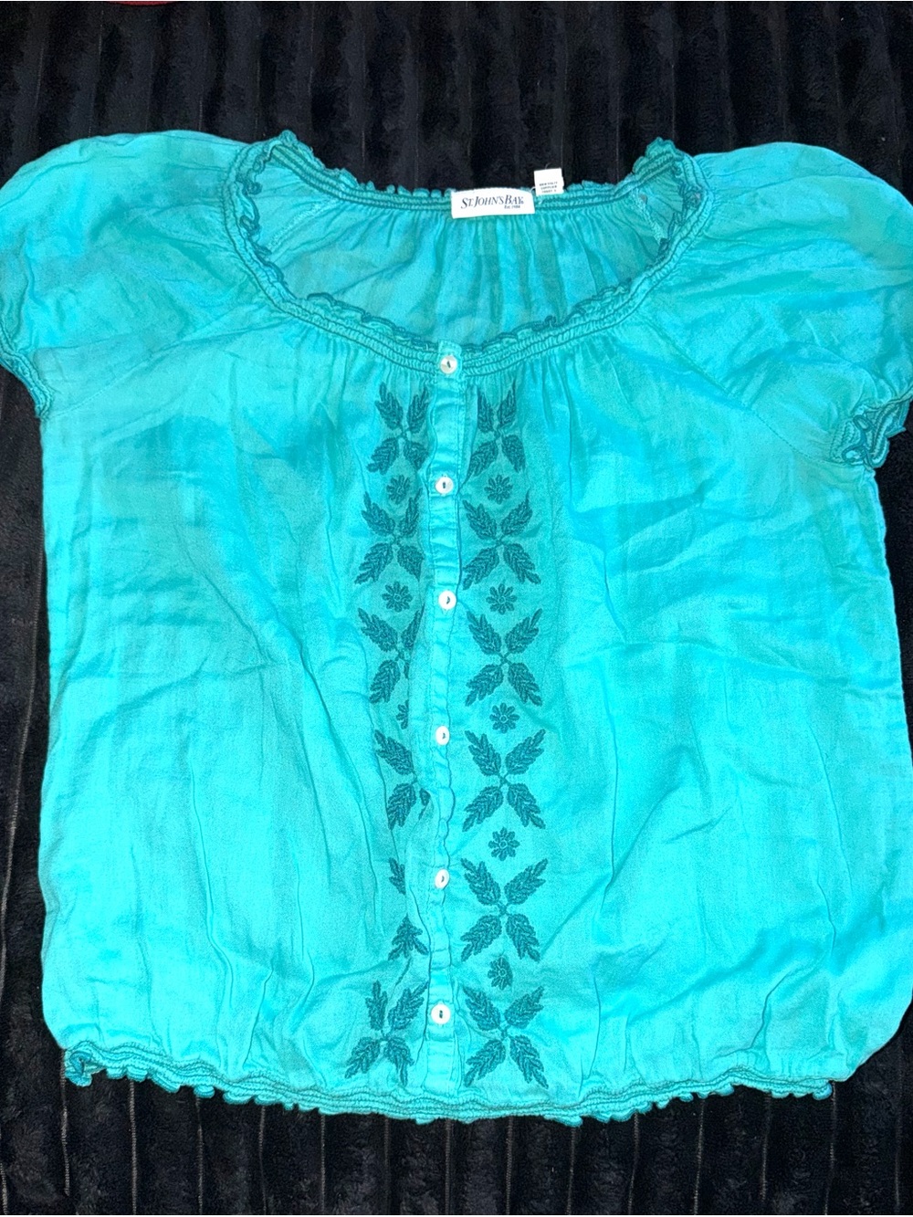 Vintage St. John's Bay Turquoise Embroidered Peasant Top size M